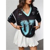 image:imageRoseSeek Jersey Shirts for Women Number Graphic V Neck Oversized Tshirts Y2k Football Jersey StreetwearBowknot Graphic