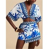 image:imageRoseSeek Womens 2 Piece Summer Skirt Sets Tropical Half Sleeve Top and Wrap Skirts Set Beach Vacation OutfitsBlue