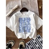 image:imageRoseSeek Womens Graphic Letter Tee Crew Neck Drop Shoulder Trendy Summer T Shirt Short Sleeve Vintage Car Print TopStriped White and Blue