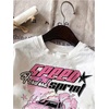 image:imageRoseSeek Womens Graphic Letter Tee Crew Neck Drop Shoulder Trendy Summer T Shirt Short Sleeve Vintage Car Print TopWhite and Pink
