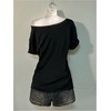 image:imageRoseSeek Womens Off The Shoulder Goth Graphic Tees Short Sleeve Asymmetrical Oversized Y2K T ShirtsBlack
