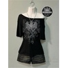 image:imageRoseSeek Womens Off The Shoulder Goth Graphic Tees Short Sleeve Asymmetrical Oversized Y2K T ShirtsBlack