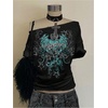 image:imageRoseSeek Womens Off The Shoulder Goth Graphic Tees Short Sleeve Asymmetrical Oversized Y2K T ShirtsBlack and Green