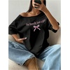 image:imageRoseSeek Womens Oversized Off Shoulder Graphic Tees  Short Sleeve Bow Letter Print T Shirts Y2K TopsBlack