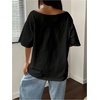 image:imageRoseSeek Womens Oversized Off Shoulder Graphic Tees  Short Sleeve Bow Letter Print T Shirts Y2K TopsBlack