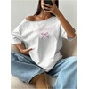 image:imageRoseSeek Womens Oversized Off Shoulder Graphic Tees  Short Sleeve Bow Letter Print T Shirts Y2K TopsWhite
