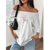 image:imageRoseSeek Womens Oversized Off Shoulder Graphic Tees  Short Sleeve Bow Letter Print T Shirts Y2K TopsWhite