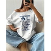 image:imageRoseSeek Womens Oversized Off Shoulder Graphic Tees  Short Sleeve Bow Letter Print T Shirts Y2K TopsWhite Blue Graphic