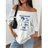 image:imageRoseSeek Womens Oversized Off Shoulder Graphic Tees  Short Sleeve Bow Letter Print T Shirts Y2K TopsWhite Blue Graphic