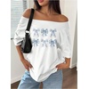 image:imageRoseSeek Womens Oversized Off Shoulder Graphic Tees  Short Sleeve Bow Letter Print T Shirts Y2K TopsWhite Bow