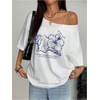 image:imageRoseSeek Womens Oversized Off Shoulder Graphic Tees  Short Sleeve Bow Letter Print T Shirts Y2K TopsWhite Floral Blue