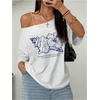 image:imageRoseSeek Womens Oversized Off Shoulder Graphic Tees  Short Sleeve Bow Letter Print T Shirts Y2K TopsWhite Floral Blue