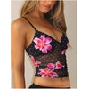 image:imageRoseSeek Womens Polka Dots Sheer Mesh Cami Tops Ruched V Neck Spaghetti Crop Top Summer Going Out TopsBlack Flower