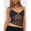 image:imageRoseSeek Womens Polka Dots Sheer Mesh Cami Tops Ruched V Neck Spaghetti Crop Top Summer Going Out TopsBlack and White