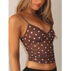 image:imageRoseSeek Womens Polka Dots Sheer Mesh Cami Tops Ruched V Neck Spaghetti Crop Top Summer Going Out TopsBrown Dots