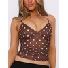 image:imageRoseSeek Womens Polka Dots Sheer Mesh Cami Tops Ruched V Neck Spaghetti Crop Top Summer Going Out TopsBrown Dots