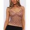 image:imageRoseSeek Womens Polka Dots Sheer Mesh Cami Tops Ruched V Neck Spaghetti Crop Top Summer Going Out TopsBrown and Blue