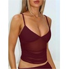 image:imageRoseSeek Womens Polka Dots Sheer Mesh Cami Tops Ruched V Neck Spaghetti Crop Top Summer Going Out TopsBurgundy