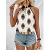 image:imageRoseSeek Womens Tropical Paisley Print Halter Blouse Sleeveless Boho Shirt Tops Button Back Vacation TopsBlack Apricot