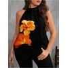 image:imageRoseSeek Womens Tropical Paisley Print Halter Blouse Sleeveless Boho Shirt Tops Button Back Vacation TopsYellow Floral