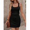 image:imageRoseSeek Womens Waffle Knit Belted Tank A Line High Waisted Dresses Square Neck Sleeveless Summer Short DressBlack