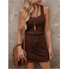 image:imageRoseSeek Womens Waffle Knit Belted Tank A Line High Waisted Dresses Square Neck Sleeveless Summer Short DressCoffee Brown