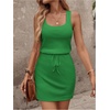 image:imageRoseSeek Womens Waffle Knit Belted Tank A Line High Waisted Dresses Square Neck Sleeveless Summer Short DressGreen