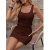 image:imageRoseSeek Womens Waffle Knit Belted Tank A Line High Waisted Dresses Square Neck Sleeveless Summer Short DressPure Brown