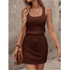 image:imageRoseSeek Womens Waffle Knit Belted Tank A Line High Waisted Dresses Square Neck Sleeveless Summer Short DressPure Brown