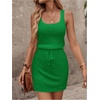 image:imageRoseSeek Womens Waffle Knit Belted Tank A Line High Waisted Dresses Square Neck Sleeveless Summer Short DressPure Green
