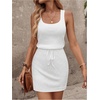 image:imageRoseSeek Womens Waffle Knit Belted Tank A Line High Waisted Dresses Square Neck Sleeveless Summer Short DressSolid White