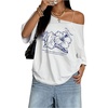 image:imageRoseSeek Womens Oversized Off Shoulder Graphic Tees  Short Sleeve Bow Letter Print T Shirts Y2K TopsWhite Floral Blue
