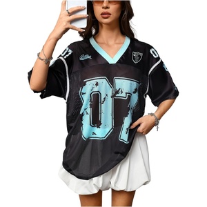 image:imageRoseSeek Jersey Shirts for Women Number Graphic V Neck Oversized Tshirts Y2k Football Jersey StreetwearBowknot Graphic