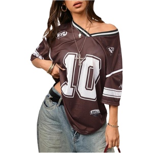 image:imageRoseSeek Jersey Shirts for Women Number Graphic V Neck Oversized Tshirts Y2k Football Jersey StreetwearBrown