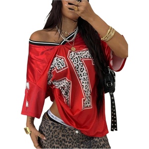 image:imageRoseSeek Jersey Shirts for Women Number Graphic V Neck Oversized Tshirts Y2k Football Jersey StreetwearDark Red