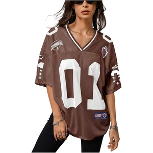 image:imageRoseSeek Jersey Shirts for Women Number Graphic V Neck Oversized Tshirts Y2k Football Jersey StreetwearNumber Print Brown