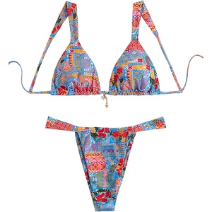 image:imageRoseSeek Womens 2 Piece Floral Tropical Print Bikini Set Boho Triangle Bathing Suit Tie Backless Swimsuit SetsOrange and Blue