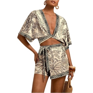 image:imageRoseSeek Womens 2 Piece Summer Skirt Sets Tropical Half Sleeve Top and Wrap Skirts Set Beach Vacation OutfitsBeige