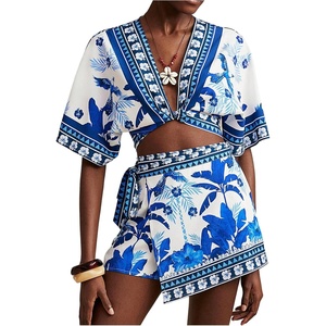 image:imageRoseSeek Womens 2 Piece Summer Skirt Sets Tropical Half Sleeve Top and Wrap Skirts Set Beach Vacation OutfitsBlue