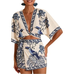 image:imageRoseSeek Womens 2 Piece Summer Skirt Sets Tropical Half Sleeve Top and Wrap Skirts Set Beach Vacation OutfitsBlue and White