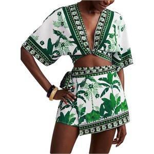 image:imageRoseSeek Womens 2 Piece Summer Skirt Sets Tropical Half Sleeve Top and Wrap Skirts Set Beach Vacation OutfitsGreen