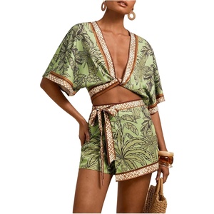 image:imageRoseSeek Womens 2 Piece Summer Skirt Sets Tropical Half Sleeve Top and Wrap Skirts Set Beach Vacation OutfitsGreen and Brown