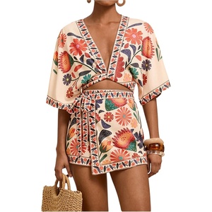 image:imageRoseSeek Womens 2 Piece Summer Skirt Sets Tropical Half Sleeve Top and Wrap Skirts Set Beach Vacation OutfitsPink