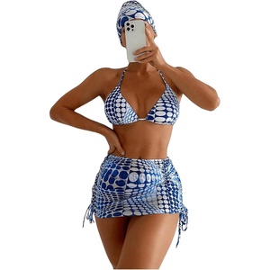 image:imageRoseSeek Womens 4 Piece Polka Dots Swimsuits Triangle Bathing Suit Bikini Sets Cover Up Skirt BandanaBlue and White