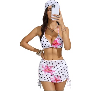 image:imageRoseSeek Womens 4 Piece Polka Dots Swimsuits Triangle Bathing Suit Bikini Sets Cover Up Skirt BandanaFloral Dots