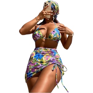 image:imageRoseSeek Womens 4 Piece Polka Dots Swimsuits Triangle Bathing Suit Bikini Sets Cover Up Skirt BandanaGreen and Blue