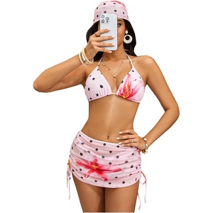 image:imageRoseSeek Womens 4 Piece Polka Dots Swimsuits Triangle Bathing Suit Bikini Sets Cover Up Skirt BandanaPink Floral