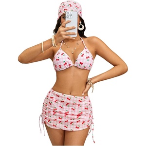 image:imageRoseSeek Womens 4 Piece Polka Dots Swimsuits Triangle Bathing Suit Bikini Sets Cover Up Skirt BandanaPink Plaid