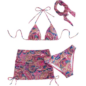 image:imageRoseSeek Womens 4 Piece Polka Dots Swimsuits Triangle Bathing Suit Bikini Sets Cover Up Skirt BandanaPink and Blue