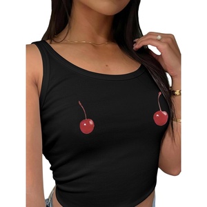 image:imageRoseSeek Womens Cherry Print Cropped Tank Top Scoop Neck Sleeveless Slim Fit Summer TopsSoft Black